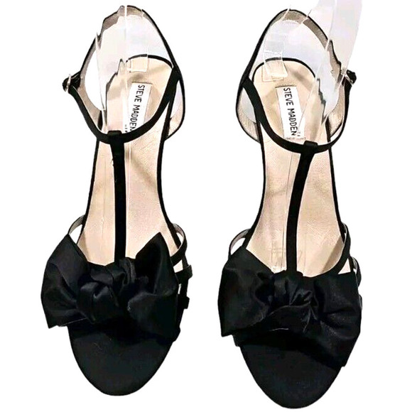Steve Madden Gramicy Satin Bow Heels T-Strap Black Formal Size 10M FABRIC UPPER - Picture 2 of 9
